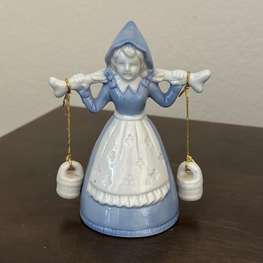 VTG Ceramic Dutch Girl Carrying‎ Water Buckets Bell 4.5" Hand Painted Fairy Tale